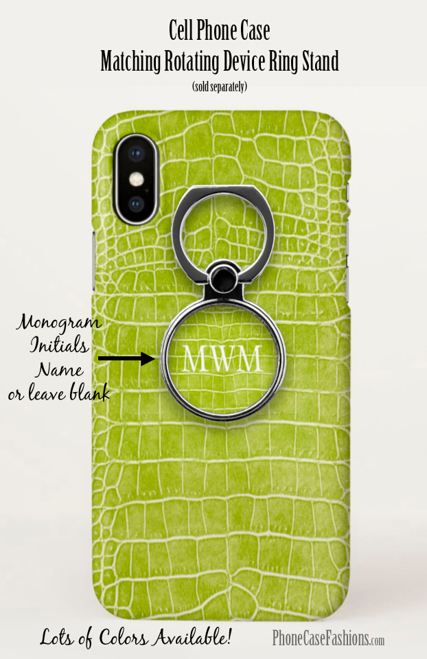Chartreuse Green crocodile faux leather cell phone case and matching rotating device ring stand. Shop PhoneCaseFashions.com
