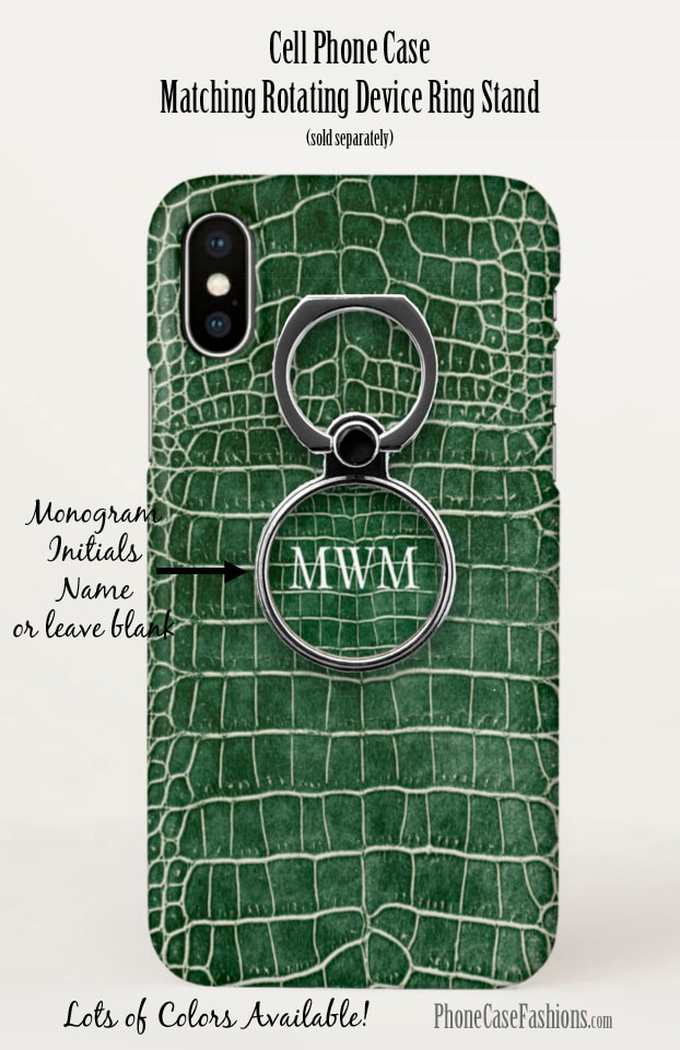 Dark Green crocodile faux leather cell phone case and matching rotating device ring stand. Shop PhoneCaseFashions.com