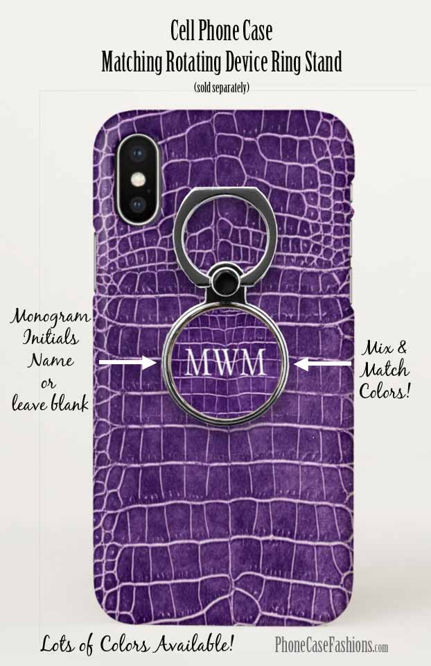 Dark Purple crocodile faux leather cell phone case and matching rotating device ring stand. Shop PhoneCaseFashions.com