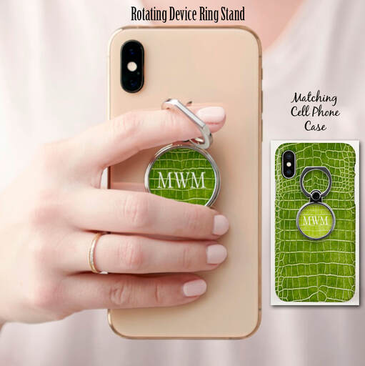 Green crocodile faux leather rotating cell phone ring stand and matching cell phone case. Shop PhoneCaseFashions.com