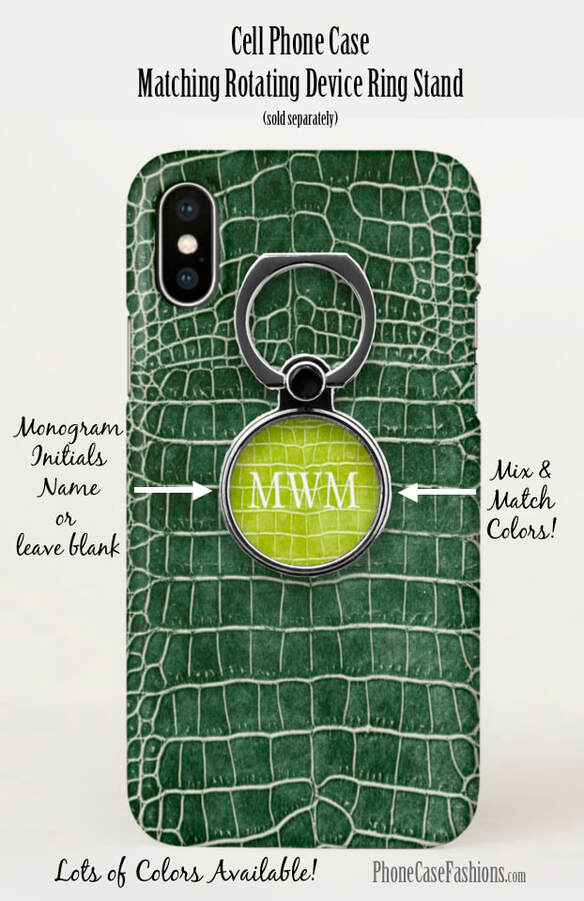 Green crocodile faux leather cell phone case and matching rotating device ring stand. Shop PhoneCaseFashions.com