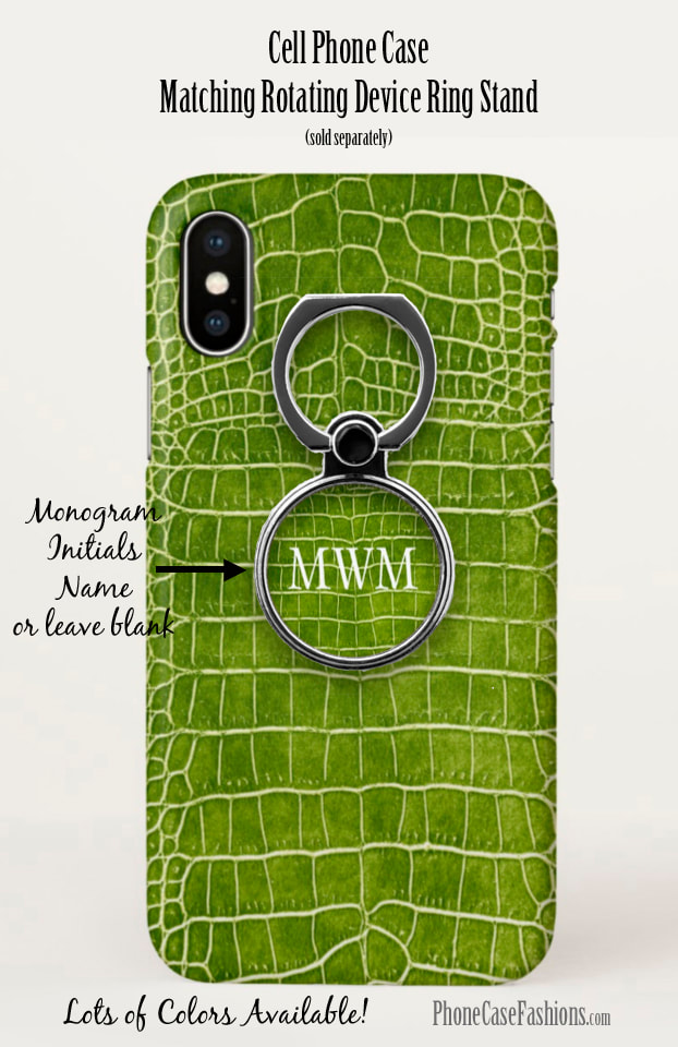 Lime Green crocodile faux leather cell phone case and matching rotating device ring stand. Shop PhoneCaseFashions.com