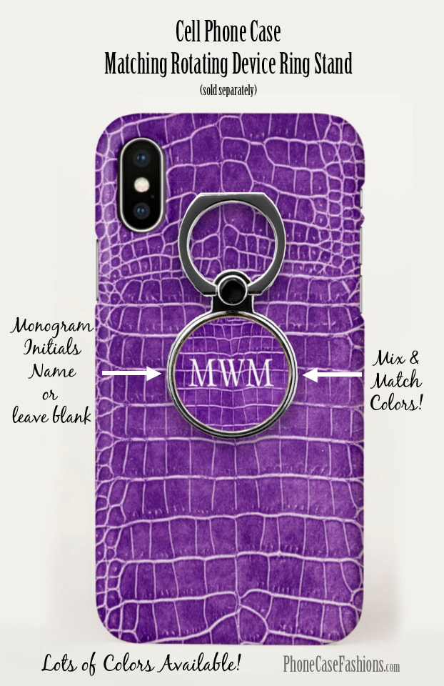 Purple crocodile faux leather cell phone case and matching rotating device ring stand. Shop PhoneCaseFashions.com