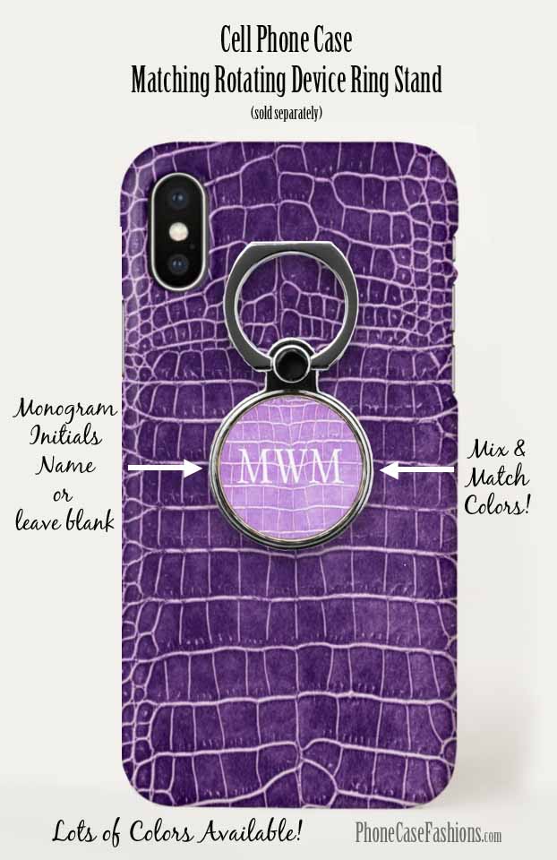 Dark purple crocodile faux leather cell phone case and monogrammed violet coordinating rotating device ring stand. Shop PhoneCaseFashions.com