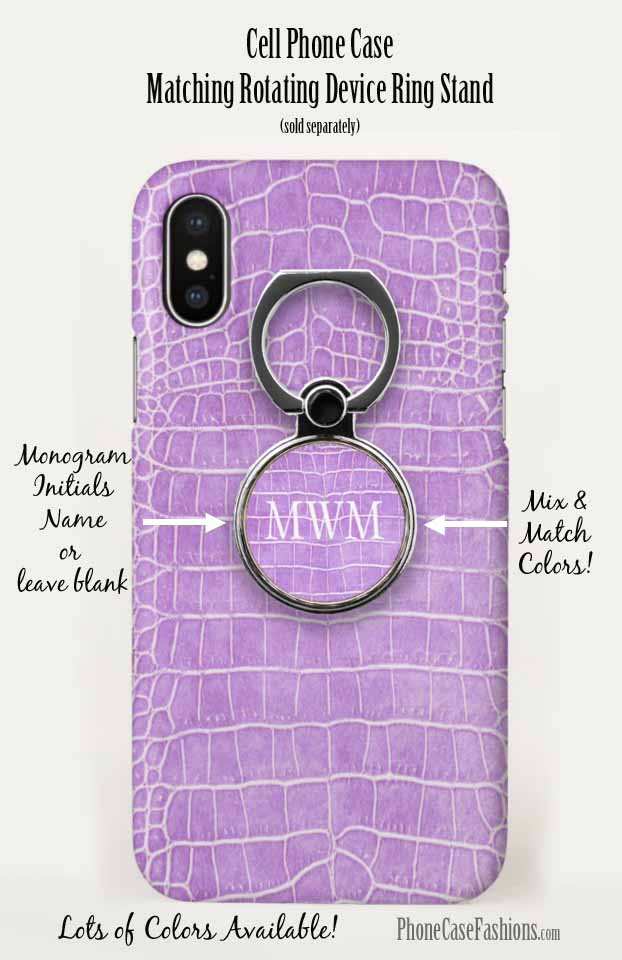 Violet crocodile faux leather cell phone case and matching rotating device ring stand. Shop PhoneCaseFashions.com