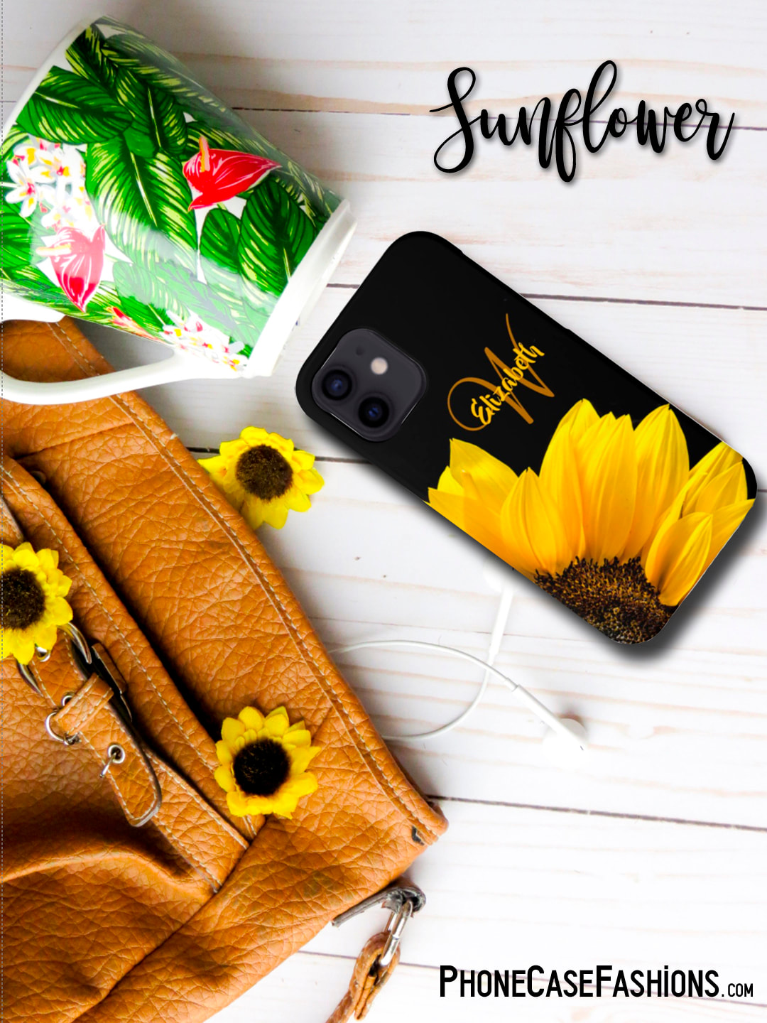 Yellow sunflower on a black background is a beautiful pop of color for your black-on-black outfits, all white, khaki or highlight a yellow or floral print favorite. Don't hide behind an ugly phone case! Shop PhoneCaseFashions.com