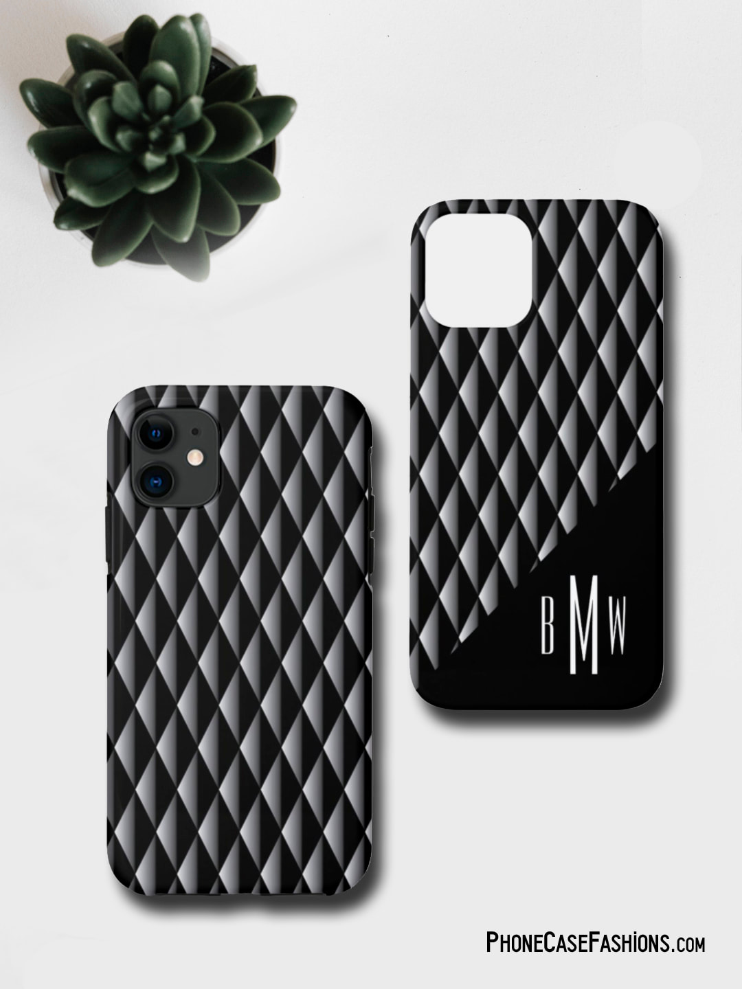 3-D look gray-to-black diamond pattern. Add your initials, monogram, name or leave the cool pattern to grab compliements. Don't hide behind an ugly phone case, design one as unique as you are. (Great Father's Day, birthday or Christmas gift!) Shop PhoneCaseFashions.com