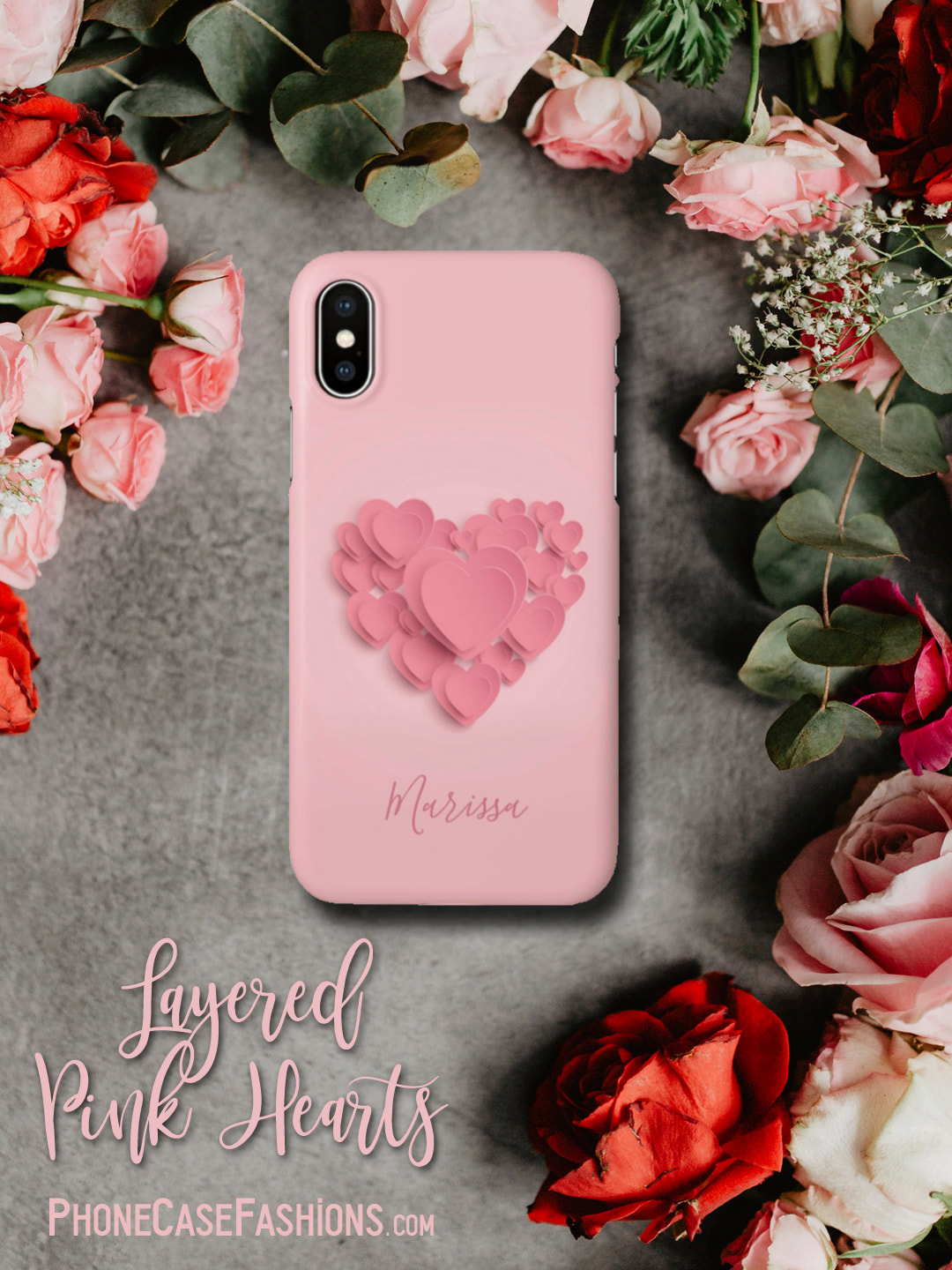 Layered bubble gum pink hearts on a baby pink background, a perfect cell phone case for the one you love, for Valentine's Day, Mother's Day, the new bride-to-be, or just because.